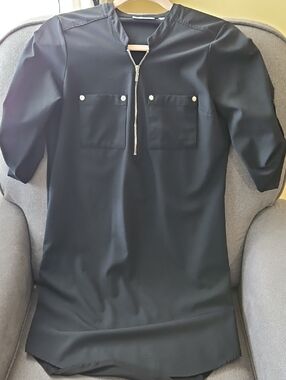 New York & Company Black Half-Zip Shift Dress with Front Pockets